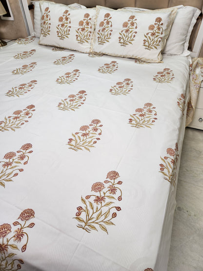 HAND BLOCK PRINTED PERCALE COTTON BEDSHEET WITH TWO PILLOW COVERS