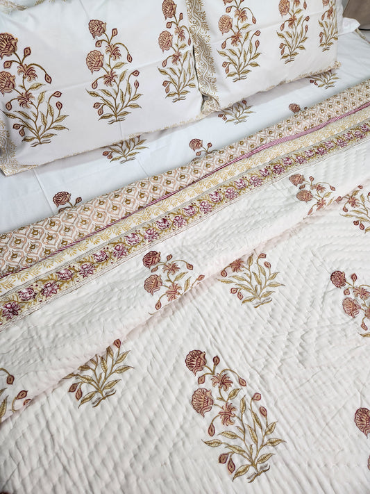 HAND BLOCK PRINTED PERCALE COTTON BEDSHEET WITH TWO PILLOW COVERS