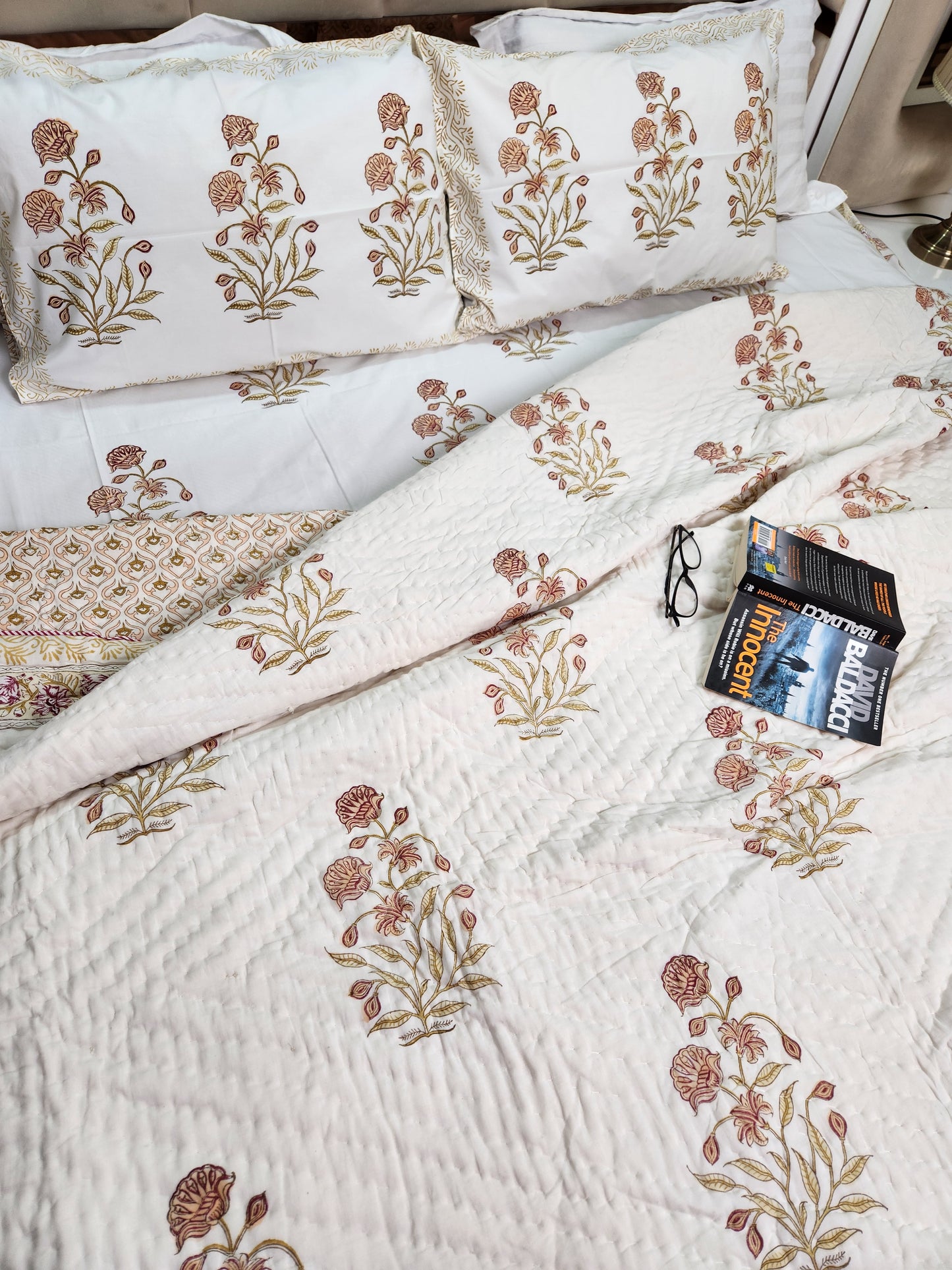 HAND BLOCK PRINTED PERCALE COTTON BEDSHEET WITH TWO PILLOW COVERS