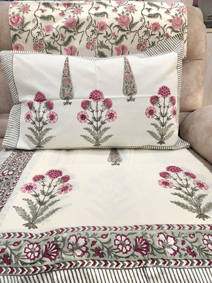 HAND BLOCK PRINTED PERCALE COTTON BEDSHEET WITH TWO PILLOW COVERS