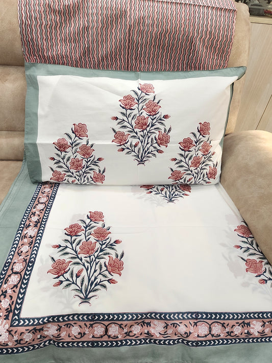 HAND BLOCK PRINTED PERCALE COTTON BEDSHEET WITH TWO PILLOW COVERS