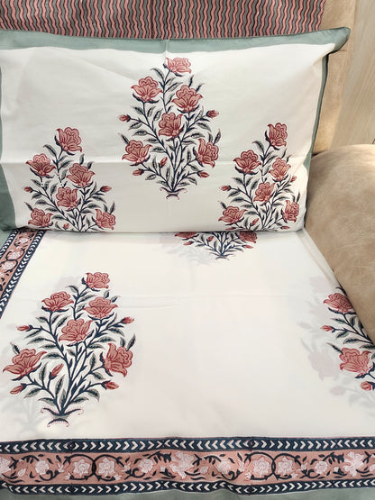 HAND BLOCK PRINTED PERCALE COTTON BEDSHEET WITH TWO PILLOW COVERS