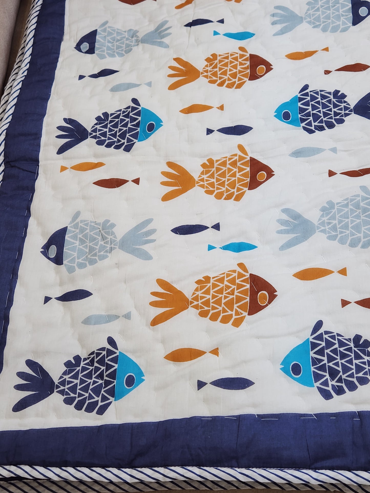 DINO LAND HANDBLOCKED REVERSIBLE MULMUL BABY QUILT