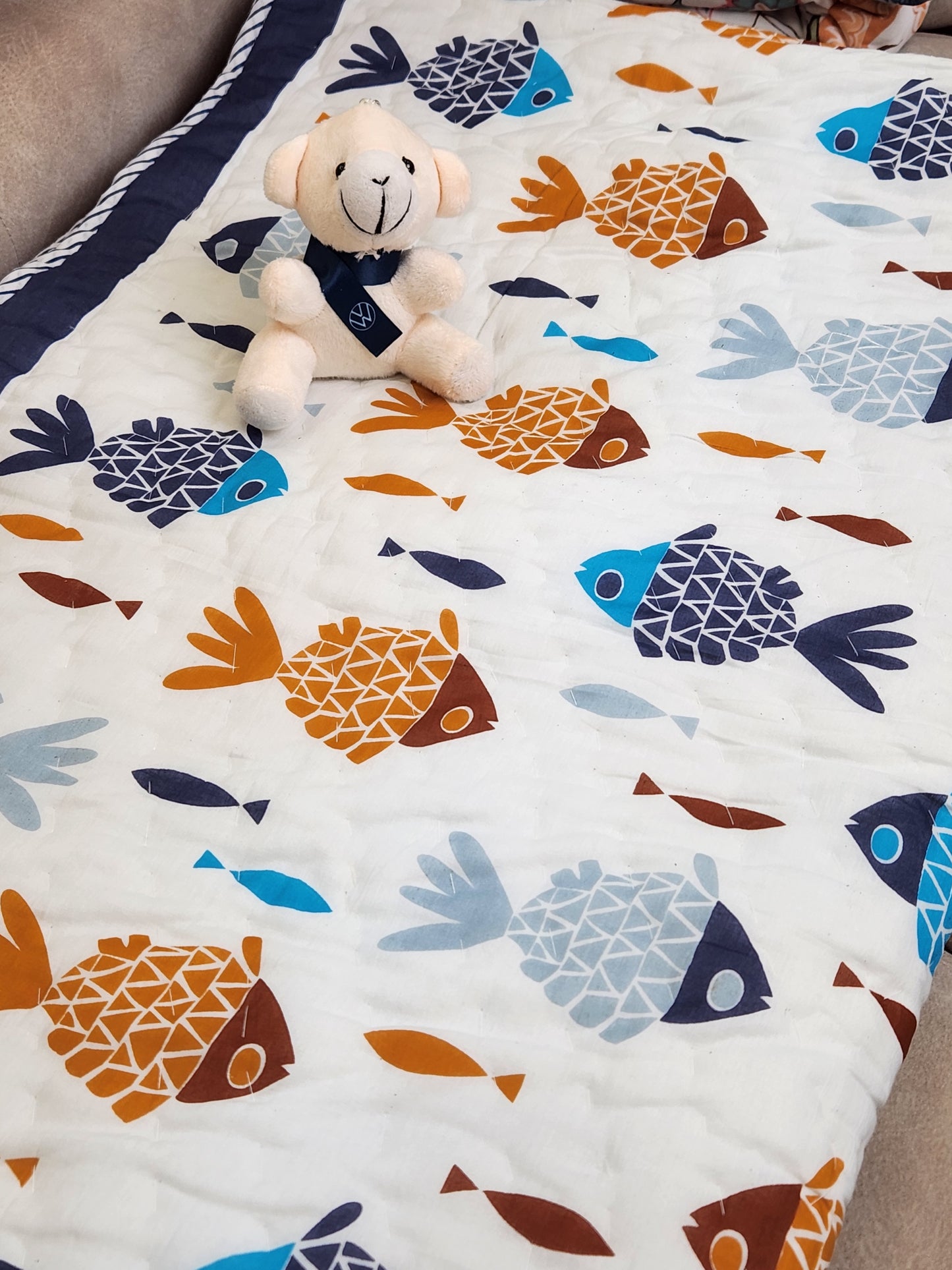 DINO LAND HANDBLOCKED REVERSIBLE MULMUL BABY QUILT