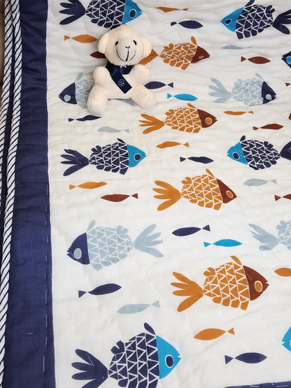 DINO LAND HANDBLOCKED REVERSIBLE MULMUL BABY QUILT