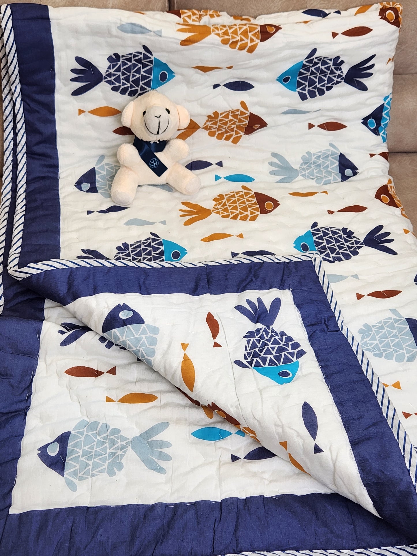 DINO LAND HANDBLOCKED REVERSIBLE MULMUL BABY QUILT