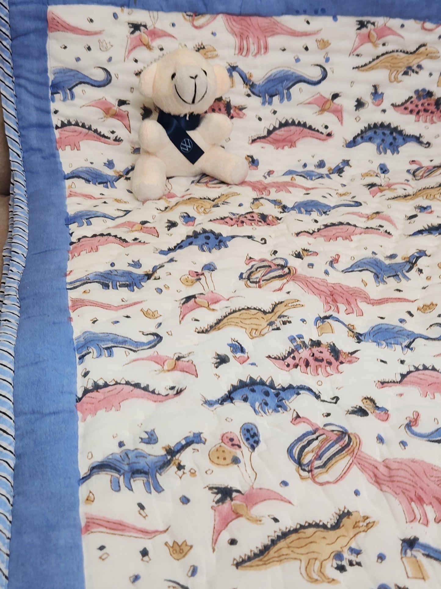 DINO LAND HANDBLOCKED REVERSIBLE MULMUL BABY QUILT