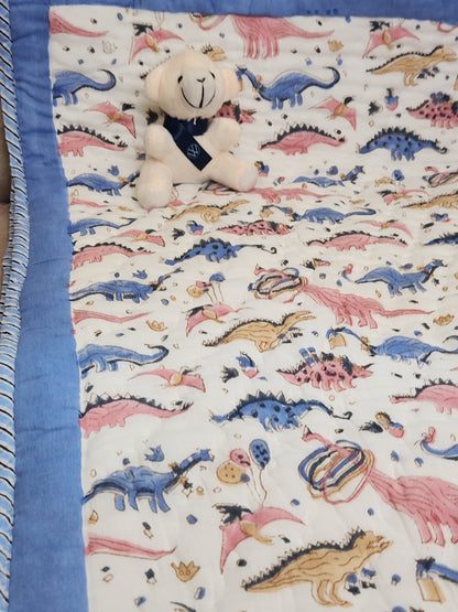 DINO LAND HANDBLOCKED REVERSIBLE MULMUL BABY QUILT