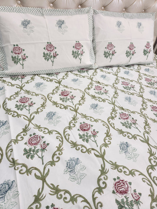 HAND BLOCK PRINTED BEDSHEET WITH TWO PILLOW COVERS