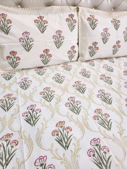 HAND BLOCK PRINTED BEDSHEET WITH TWO PILLOW COVERS