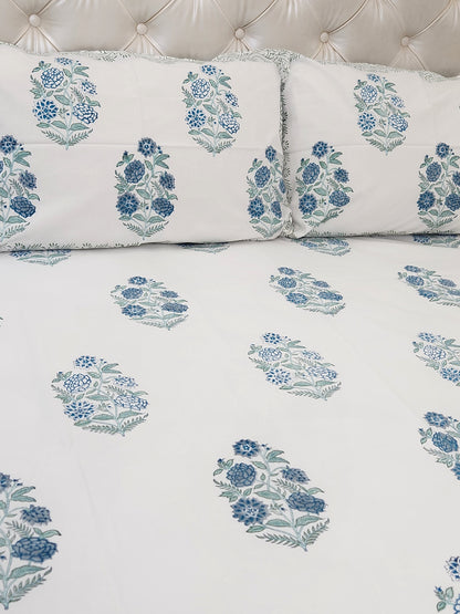 HAND BLOCK PRINTED PERCALE COTTON BEDSHEET WITH TWO PILLOW COVERS