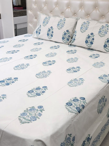 HAND BLOCK PRINTED PERCALE COTTON BEDSHEET WITH TWO PILLOW COVERS