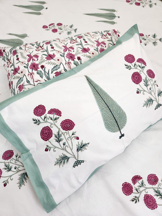 HAND BLOCK PRINTED  PERCALE COTTON BEDSHEET WITH TWO PILLOW COVERS