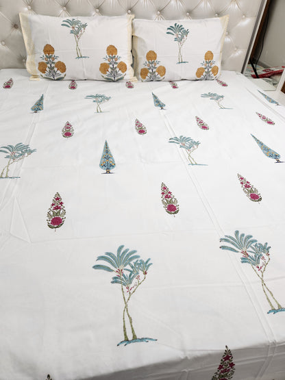 HAND BLOCK PRINTED PERCALE COTTON BEDSHEET WITH TWO PILLOW COVERS