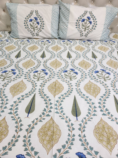 HAND BLOCK PRINTED BEDSHEET WITH TWO PILLOW COVERS