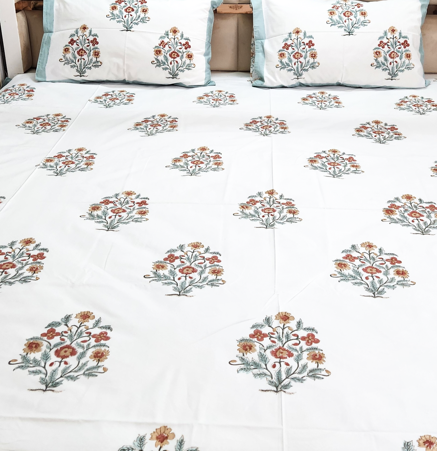 BOHO BLOOMS HAND BLOCK PRINTED BEDSHEET WITH TWO PILLOW COVERS