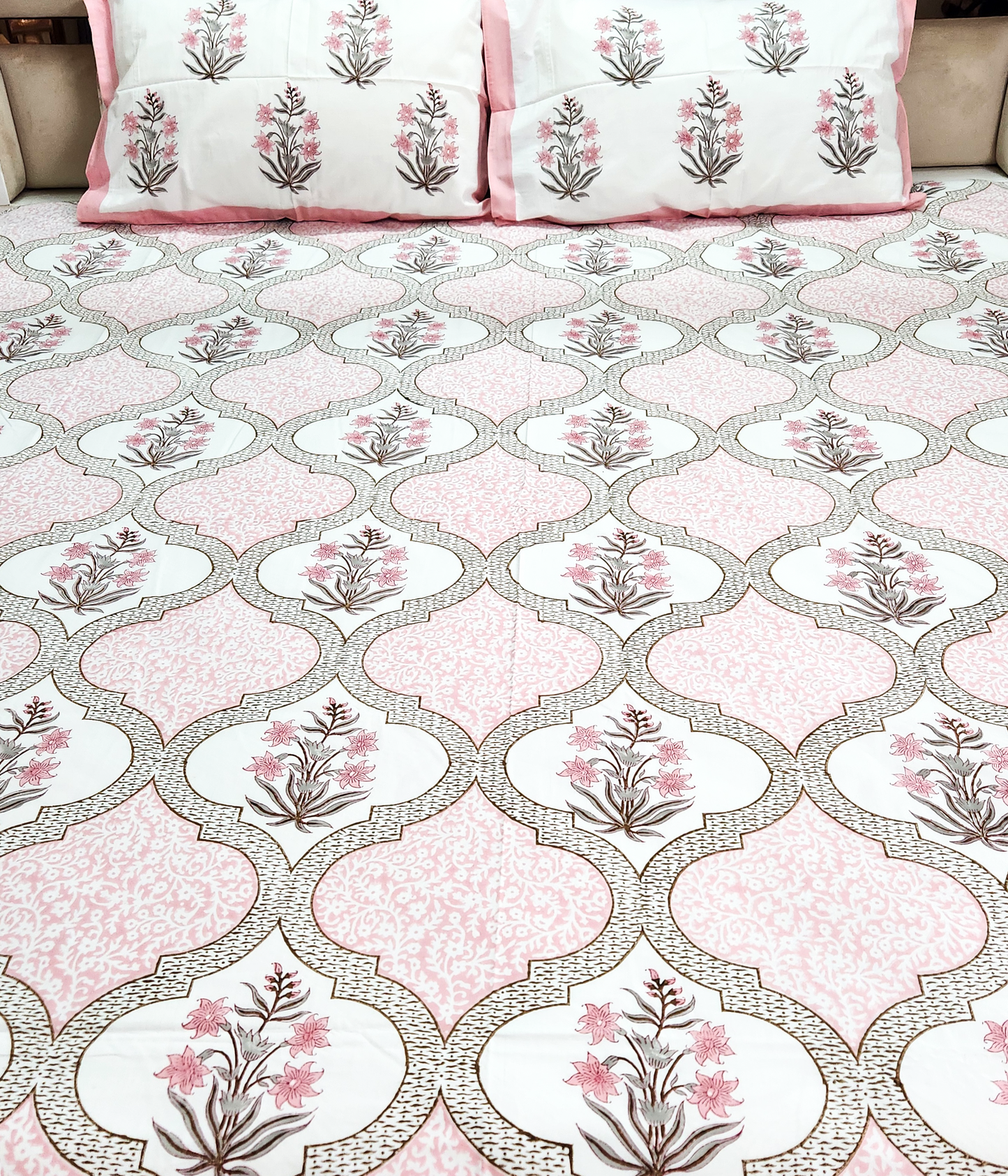 BOTANICAL BLISS HAND BLOCK PRINTED BEDSHEET WITH TWO PILLOW COVERS