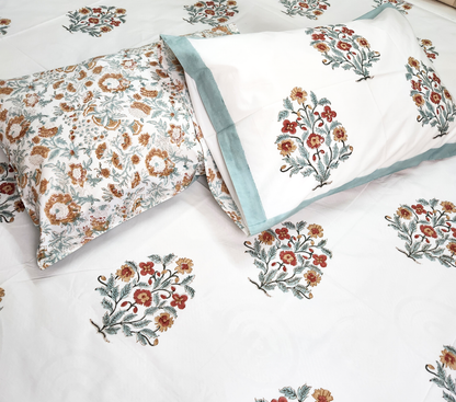 BOHO BLOOMS HAND BLOCK PRINTED BEDSHEET WITH TWO PILLOW COVERS