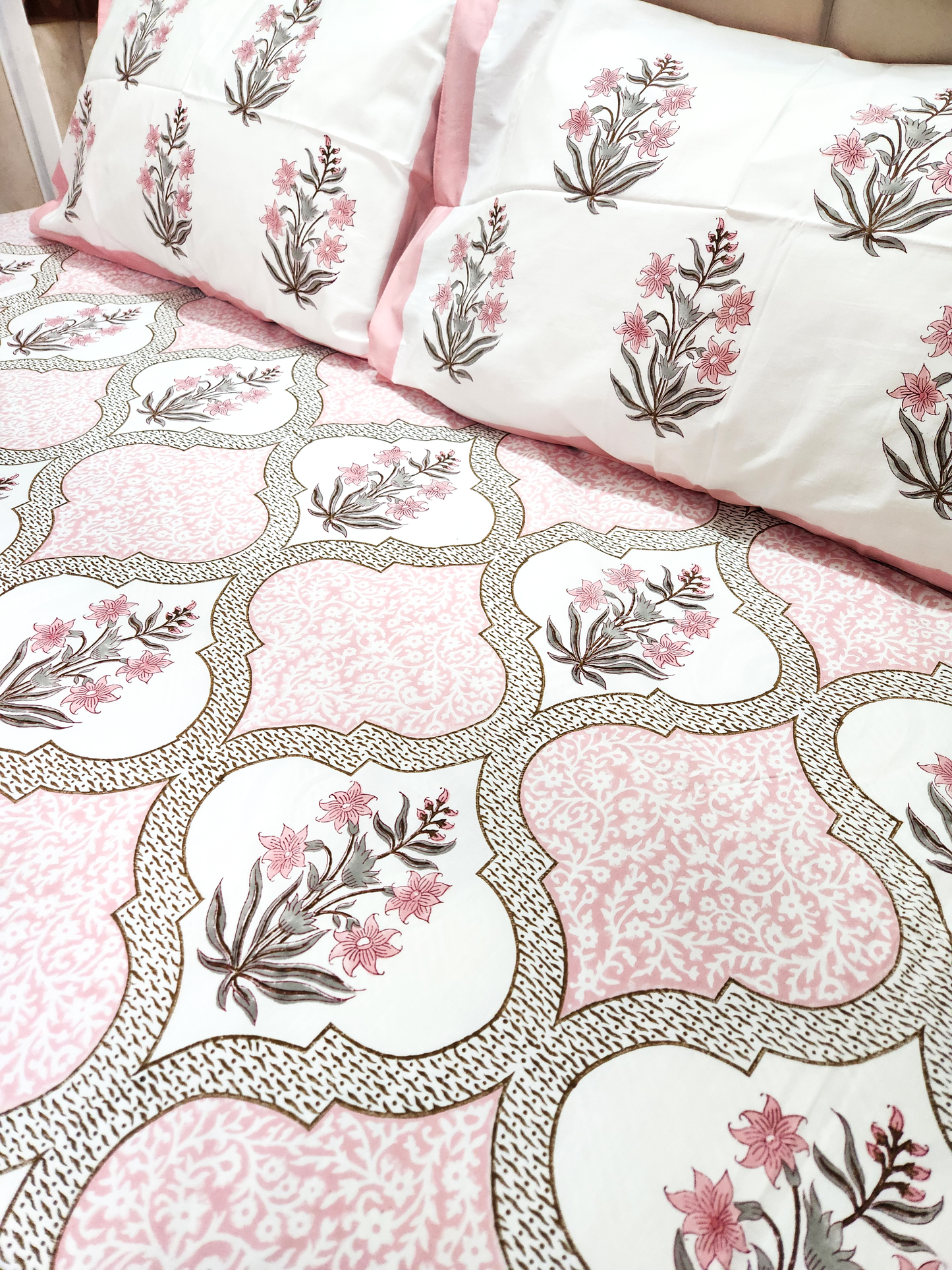 BOTANICAL BLISS HAND BLOCK PRINTED BEDSHEET WITH TWO PILLOW COVERS