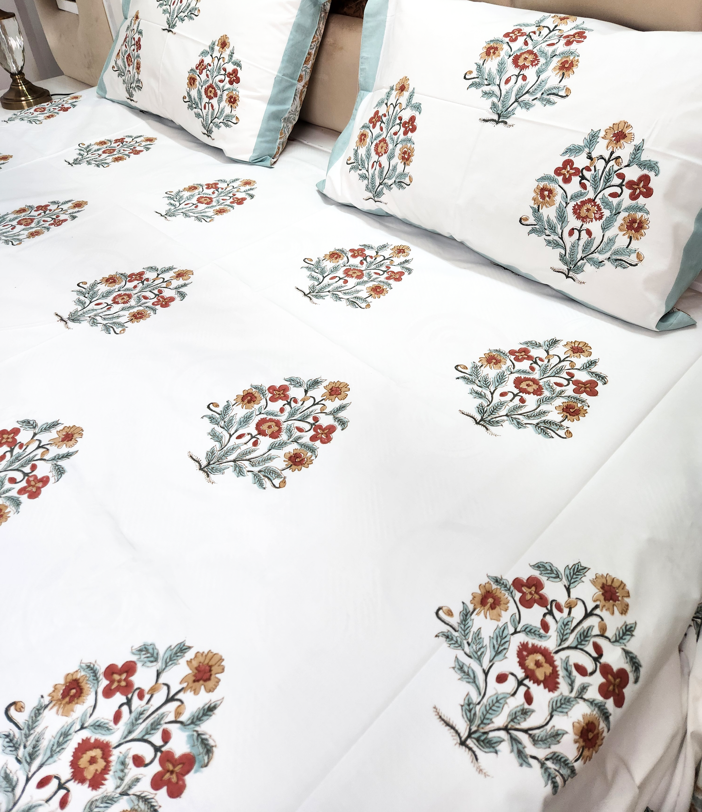 BOHO BLOOMS HAND BLOCK PRINTED BEDSHEET WITH TWO PILLOW COVERS