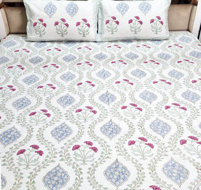 FLORAL FLOURISH HAND BLOCK PRINTED BEDSHEET WITH TWO PILLOW COVERS