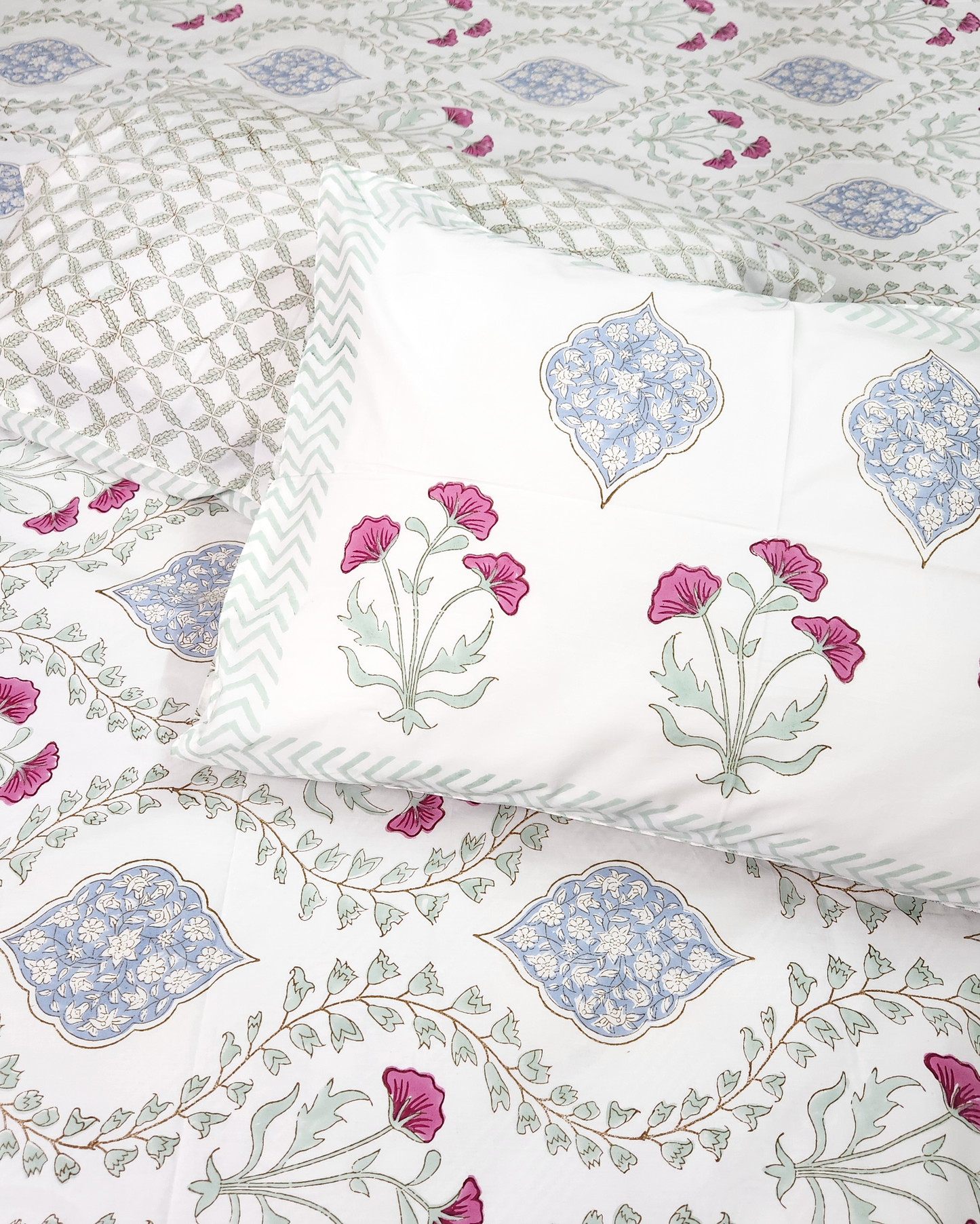 FLORAL FLOURISH HAND BLOCK PRINTED BEDSHEET WITH TWO PILLOW COVERS