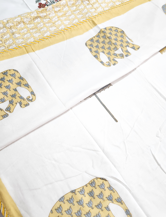 YELLOW SAFARI REVERSIBLE HAND BLOCK PRINTED DOUBLE BED DOHAR / SUMMER BLANKET / AC BLANKET