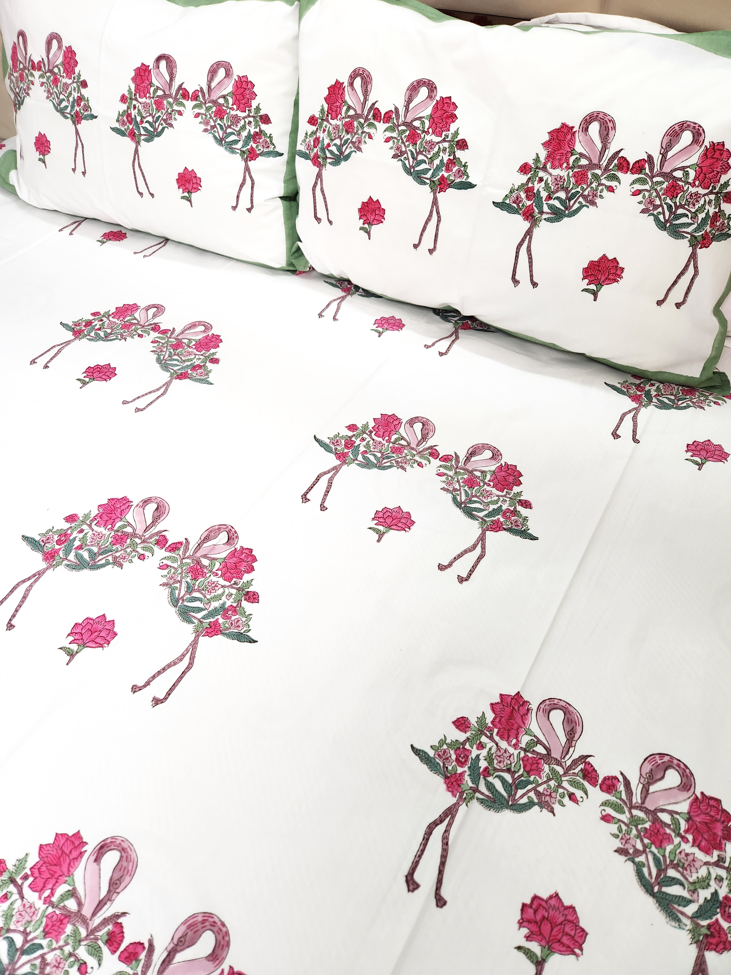 FLAMINGO HAND BLOCK PRINTED BEDSHEET WITH TWO PILLOW COVERS