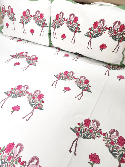 FLAMINGO HAND BLOCK PRINTED BEDSHEET WITH TWO PILLOW COVERS