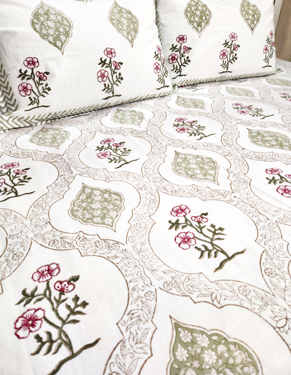 MEHANDI HAND BLOCK PRINTED BEDSHEET WITH TWO PILLOW COVERS