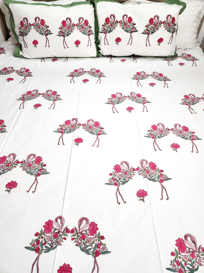 FLAMINGO HAND BLOCK PRINTED BEDSHEET WITH TWO PILLOW COVERS