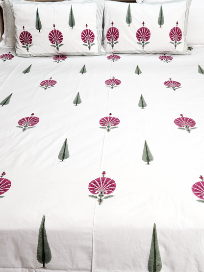 POPPY HAND BLOCK PRINTED BEDSHEET WITH TWO PILLOW COVERS