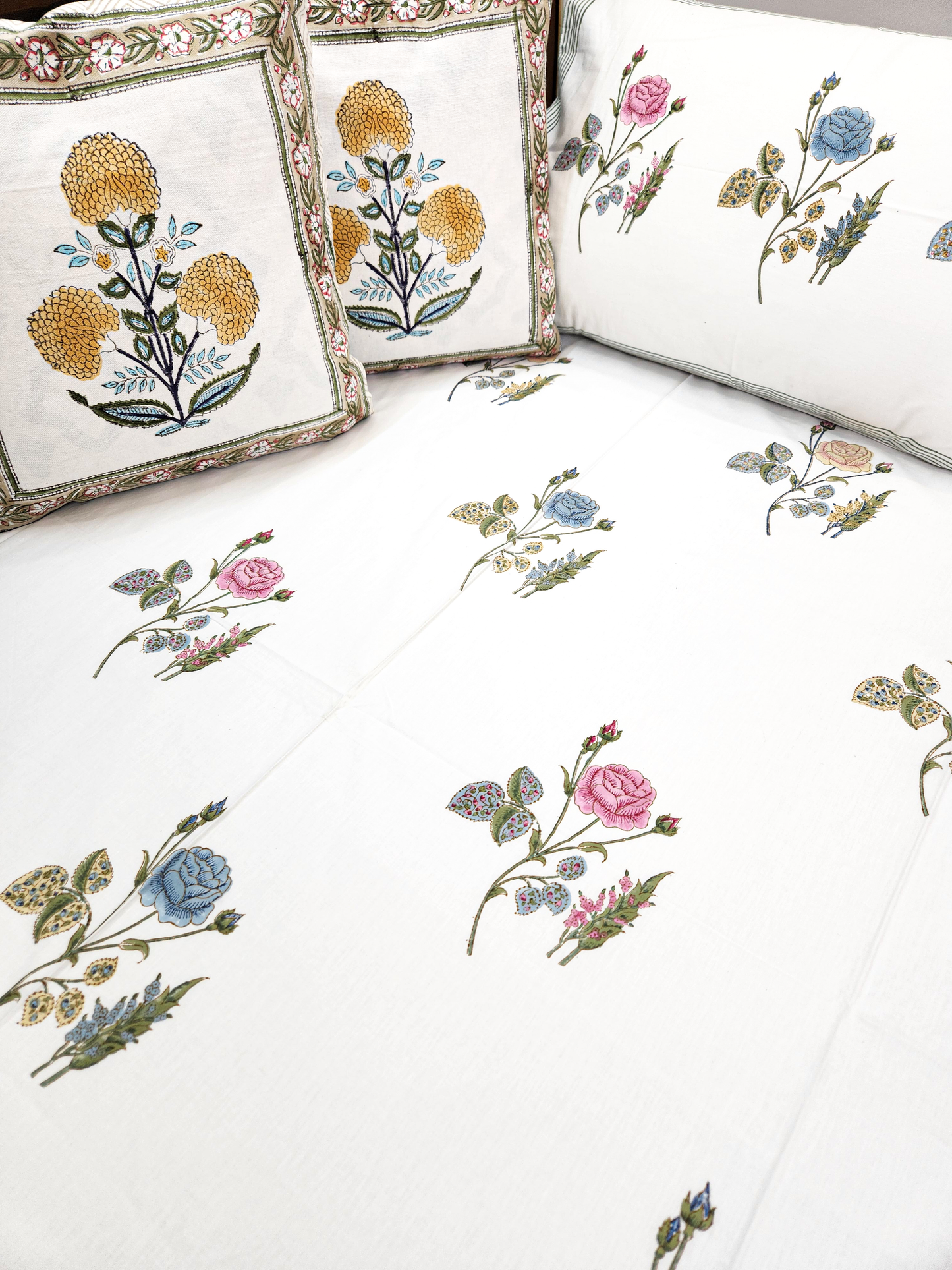 ROSES HAND BLOCK PRINTED BEDSHEET WITH ONE REVERSIBLE PILLOW COVER