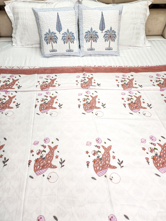 AQUATIC REVERSIBLE HAND BLOCK PRINTED SINGLE BED DOHAR / SUMMER BLANKET / AC BLANKET