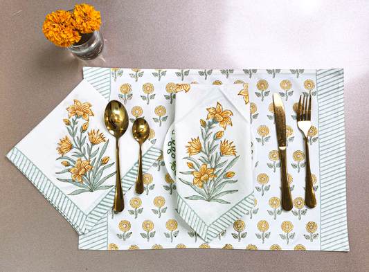 YELLOW PHULWARI HANDBLOCKED COTTON CANVAS TABLE MATS AND NAPKINS