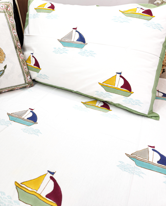 CHILDHOOD BOAT HAND BLOCK PRINTED BEDSHEET WITH ONE REVERSIBLE PILLOW COVER