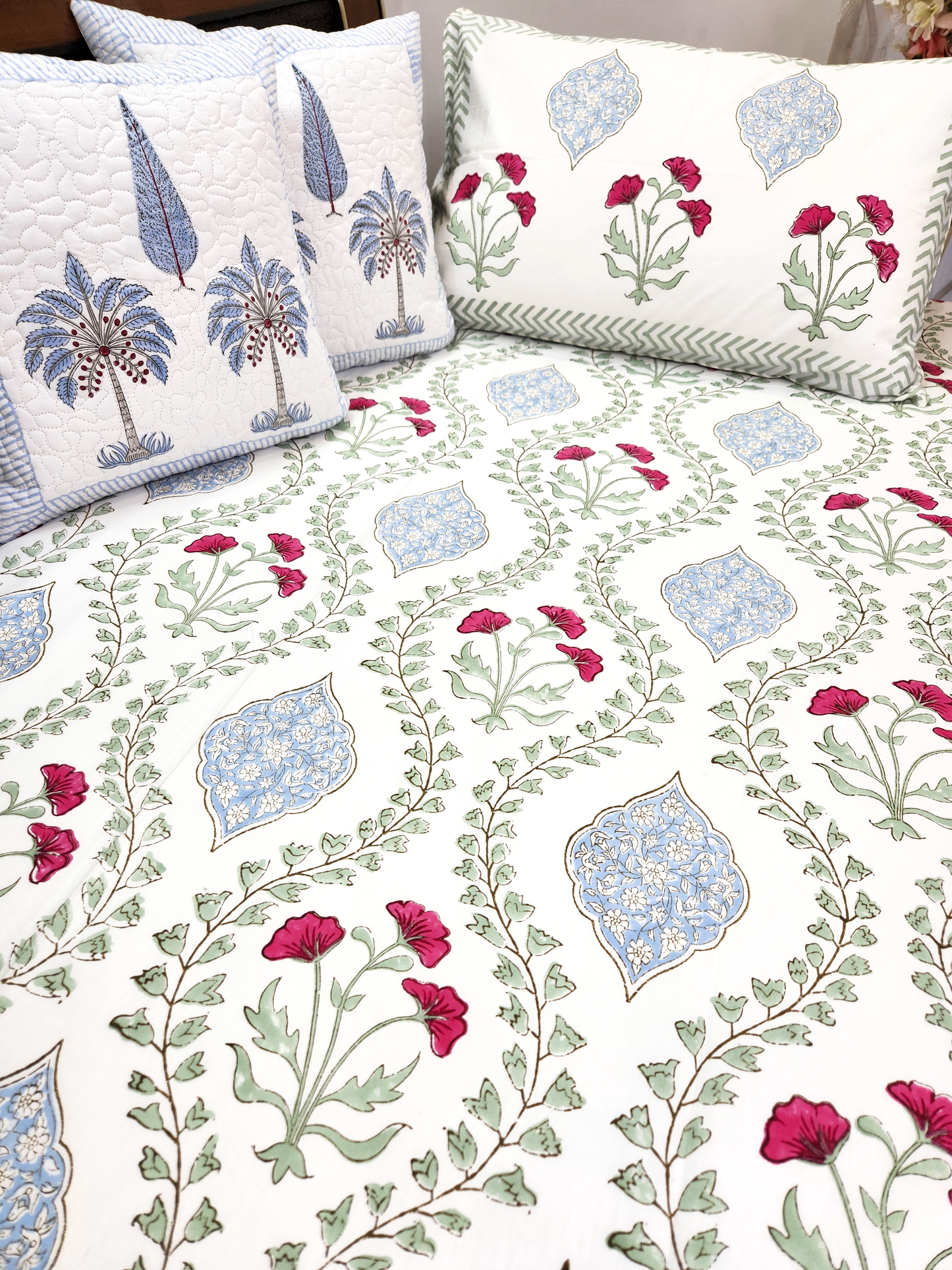 FLORAL FLOURISH  HAND BLOCK PRINTED BEDSHEET WITH ONE REVERSIBLE PILLOW COVER