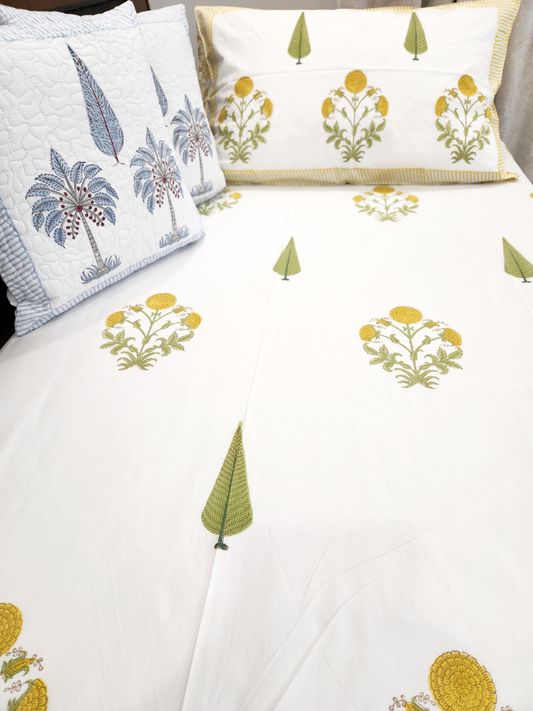 MARIGOLD HAND BLOCK PRINTED BEDSHEET WITH ONE REVERSIBLE PILLOW COVER