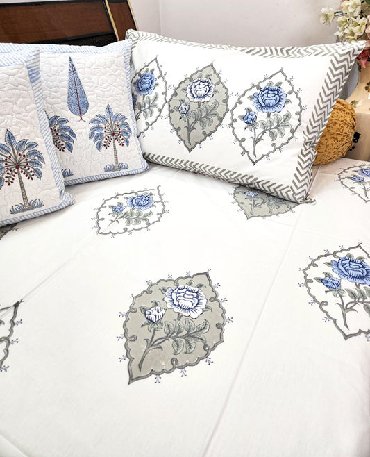 BLUE ROSE HAND BLOCK PRINTED BEDSHEET WITH ONE REVERSIBLE PILLOW COVER