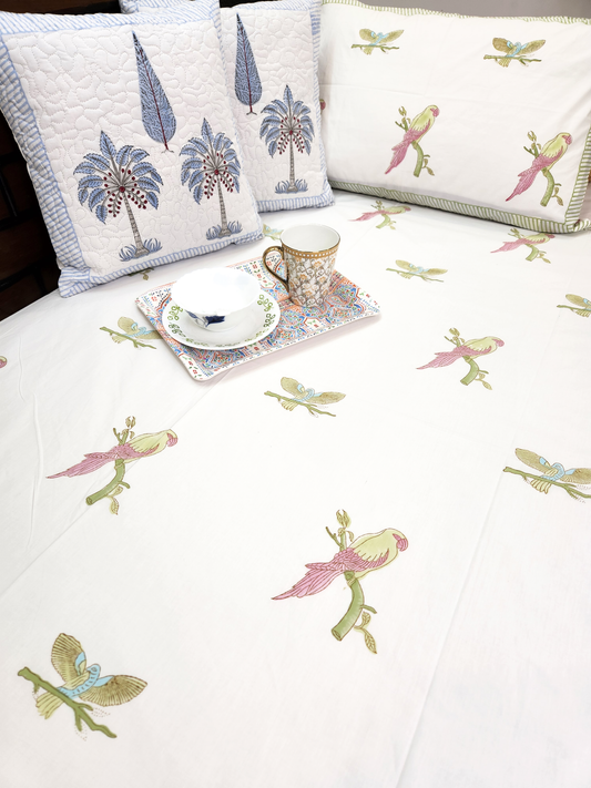 PARROT HAND BLOCK PRINTED BEDSHEET WITH ONE REVERSIBLE PILLOW COVER