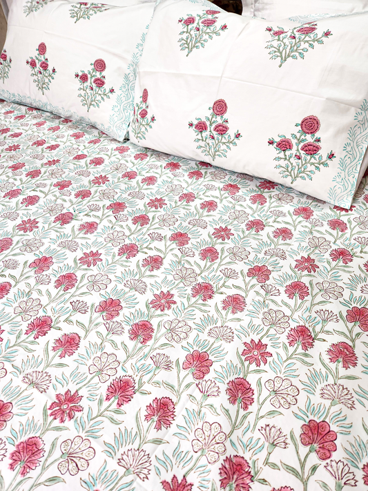 ROSES HAND BLOCK PRINTED BEDSHEET WITH TWO PILLOW COVERS