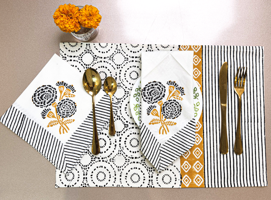 HANDBLOCKED COTTON CANVAS TABLE MATS AND NAPKINS