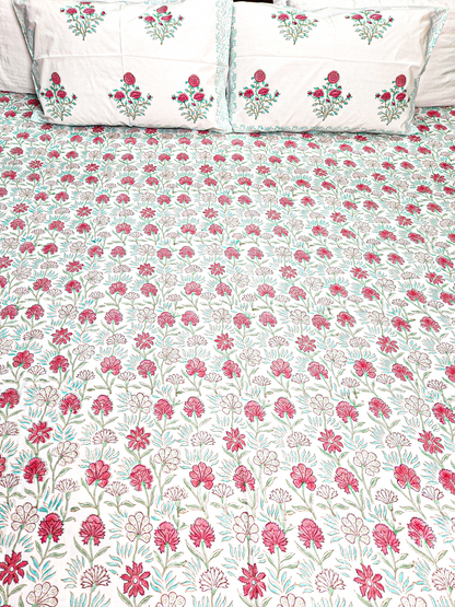 ROSES HAND BLOCK PRINTED BEDSHEET WITH TWO PILLOW COVERS