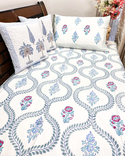 BLUE JAAL HAND BLOCK PRINTED BEDSHEET WITH ONE REVERSIBLE PILLOW COVER