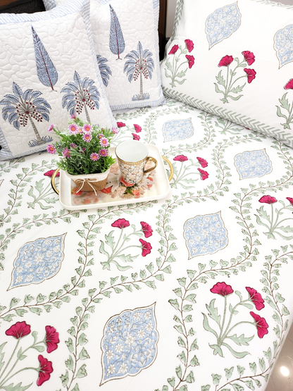 FLORAL FLOURISH  HAND BLOCK PRINTED BEDSHEET WITH ONE REVERSIBLE PILLOW COVER