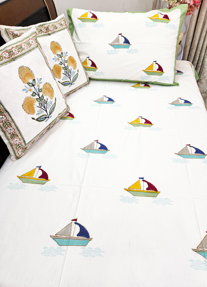 CHILDHOOD BOAT HAND BLOCK PRINTED BEDSHEET WITH ONE REVERSIBLE PILLOW COVER