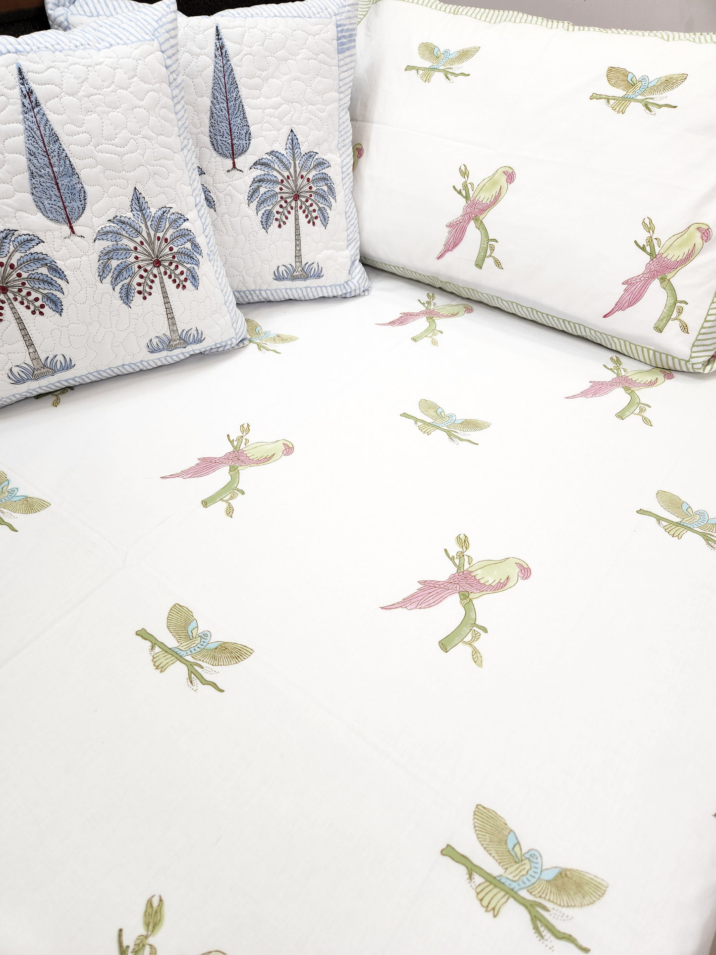 PARROT HAND BLOCK PRINTED BEDSHEET WITH ONE REVERSIBLE PILLOW COVER