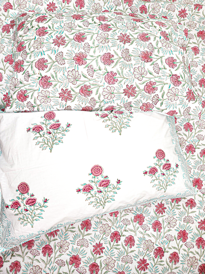 ROSES HAND BLOCK PRINTED BEDSHEET WITH TWO PILLOW COVERS