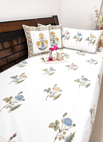 ROSES HAND BLOCK PRINTED BEDSHEET WITH ONE REVERSIBLE PILLOW COVER