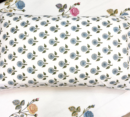 ROSES HAND BLOCK PRINTED BEDSHEET WITH ONE REVERSIBLE PILLOW COVER